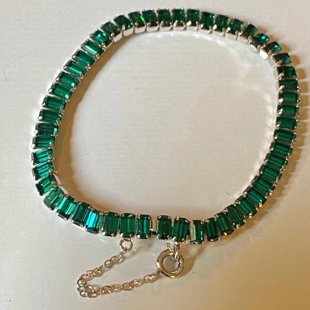 Tennis Bracelet/Safety Chain/VintageAustrian Green Crystal, Emerald Cut Crystals